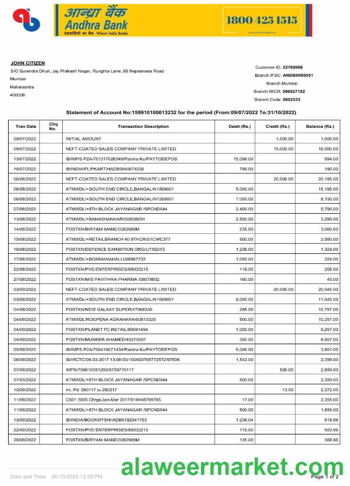 India Andhra bank statement Word and PDF template, 2 pages p1